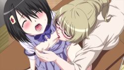 2girls age_difference animated anime_screenshot black_hair blonde_hair blue_eyes blush breast_sucking breasts brown_eyes eva_silver flat_chest glasses highres interior lactation large_breasts lipstick loli makeup milk mitarai_fumika multiple_girls multiple_views nipples onee-loli peeing peeing_self seikon_no_qwaser short_hair small_breasts sound breast_sucking tagme tearing_clothes torn_clothes uno_makoto video yuri