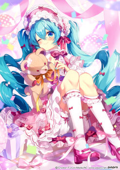 1girl aqua_hair aqua_nails bloomers blue_eyes blush bonnet boots bow box closed_mouth commentary_request fingernails frilled_bonnet frills gift gift_box hair_between_eyes hair_bow hair_ornament hatsune_miku hatsune_miku_graphy_collection holding holding_stuffed_toy kneehighs kurisu_toshi long_hair nail_polish one_eye_closed piapro_studio pink_bloomers pink_boots pink_bow pink_socks red_bow sitting smile socks solo stuffed_animal stuffed_toy teddy_bear twintails underwear very_long_hair vocaloid