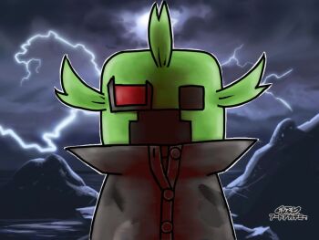 1other black_cloak black_eyes cloak cloud cloudy_sky colored_skin commentary cosplay creeper ghetsis_(pokemon) ghetsis_(pokemon)_(cosplay) green_skin grey_sky high_collar lightning minecraft nintendo ocean outdoors overcast pokemon pokemon_bw2 rock scouter sky solid_eyes solo thunder totennko upper_body