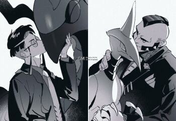 antennae beak bird black_hair black_suit bug closed_eyes collared_shirt corbeau_(pokemon) eyewear_strap formal_clothes gen_2_pokemon gen_5_pokemon glasses greyscale hand_on_another&#039;s_chin hand_on_another&#039;s_neck highres horns kiss mohawk monochrome necktie nintendo philippe_(pokemon) pokemon pokemon_legends:_z-a round_eyewear scolipede shirt short_hair sideburns single_horn skarmory suit talons white_background white_necktie yotsuban