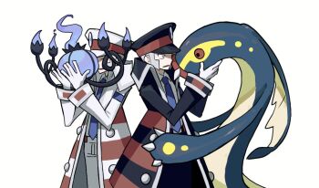 2boys black_coat black_hat black_pants blue_necktie brothers chandelure coat commentary_request eelektross emmet_(pokemon) gen_5_pokemon gloves grey_eyes grey_hair hat ingo_(pokemon) long_sleeves male_focus matching_outfits multiple_boys necktie nintendo pants peaked_cap pokemon pokemon_bw rkwhryarr shirt short_hair siblings simple_background white_background white_coat white_gloves white_pants white_shirt