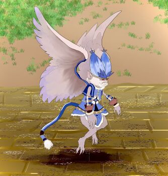 barefoot blue_hat closed_mouth cucumiscurvis flying full_body grimms_notes hat monkey monster monster_focus red_eyes solo source_request tail winged_monkey_(grimms_notes) wings
