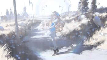 1girl absurdres bird black_boots blue_dress blue_flower blue_hair boots building church dress floating floating_hair floating_object flower full_body grey_eyes hair_over_one_eye high_heel_boots high_heels highres isekaijoucho kamitsubaki_studio key long_hair long_sleeves looking_at_viewer multicolored_hair nature nemophila_(flower) official_art outdoors pantyhose path reoen road sky solo tree two-tone_dress two-tone_hair virtual_youtuber white_dress white_hair white_pantyhose white_sky