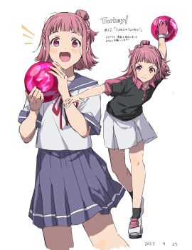 Rule 34 | 1girl, 2025, ball, black shirt, blue sailor collar, blue skirt, bowling ball, bowling glove, copyright name, gloves, highres, holding ball, medium hair, neck ribbon, open mouth, otonashi mai, partially fingerless gloves, pink eyes, pink gloves, pink hair, pleated skirt, red ribbon, ribbon, sailor collar, school uniform, serafuku, shirt, simple background, skirt, takatisakana, turkey! (series), white background, white serafuku, white shirt, white skirt