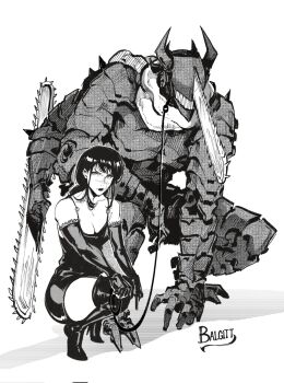 1girl black_hair chainsaw chainsaw_devil chainsaw_man cross_scar dress extra_arms facial_scar highres horns intestine_clothing intestines long_hair looking_at_viewer monochrome no_eyes organs ringed_eyes scar scar_on_cheek scar_on_face scar_on_nose sharp_teeth simple_background sleeveless sleeveless_dress teeth victorbalgitt weapon yoru_(chainsaw_man)
