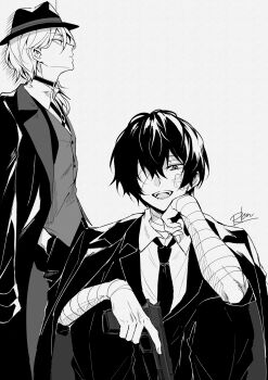 2boys absurdres bandage_over_one_eye bandaged_arm bandages bungou_stray_dogs coat coat_on_shoulders collared_shirt commentary_request dazai_osamu_(bungou_stray_dogs) fedora greyscale hair_between_eyes hand_on_own_face hat highres holding jacket looking_at_viewer male_focus monochrome multiple_boys nakahara_chuuya_(bungou_stray_dogs) necktie open_mouth rokkyun1 shirt short_hair signature sitting squatting suit_jacket