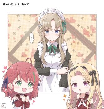 Rule 34 | ..., 3girls, :d, abiko hiromi, ahoge, alternate costume, apron, arm at side, artist name, assault lily, black bow, black choker, black dress, black hairband, blonde hair, blue eyes, blush, border, bow, bowtie, braid, braided bangs, brown hair, brown sailor collar, chibi, choker, closed mouth, collared dress, commentary request, curtained hair, detached sleeves, dress, enmaided, flower, frilled apron, frills, green eyes, green ribbon, green streaks, hair behind ear, hair bow, hair flower, hair ornament, hair ribbon, hairband, hand on own arm, hand up, hands up, hashtag, heart, heart background, inoguchi minto, jewelry, juliet sleeves, kanba girls high school uniform, long hair, long sleeves, looking at another, looking at viewer, maid, maid headdress, multicolored hair, multiple girls, muramoto anzu, neck ribbon, neckerchief, open mouth, orange background, outside border, parted bangs, parted lips, plaid background, puffy sleeves, purple eyes, purple ribbon, red bow, red bowtie, red hair, red shirt, ribbon, ring, sailor collar, school uniform, serafuku, shibukawa chie, shirt, sleeves past wrists, smile, sparkle, sparkling eyes, speech bubble, spoken ellipsis, standing, streaked hair, sweatdrop, translated, very long hair, white apron, white border, white neckerchief, white shirt, x hair ornament