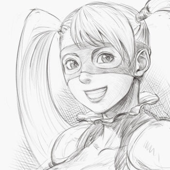 Rule 34 | 1girl, commentary request, crosshatching, eye mask, greyscale, hatching (texture), kuroneco, mask, monochrome, rainbow mika, signature, smile, solo, street fighter, twintails, wrestling mask, wrestling outfit