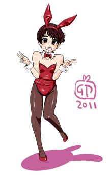 1boy animal_ears bare_shoulders bow bowtie brown_hair clenched_teeth crossdressing crossdressing_(mtf) double_v earrings fake_animal_ears full_body high_heels jewelry lipstick makeup male_focus nail_polish nylons pantyhose playboy_bunny rabbit_ears shoes short_hair simple_background smile solo teeth trap v wrist_cuffs