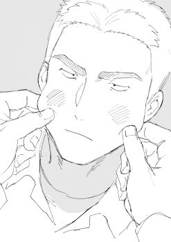 Rule 34 | 2boys, absurdres, blush, cheek pinching, close-up, collared shirt, greyscale, highres, lewis smith, male focus, monochrome, multiple boys, mumi2134, pinching, pov, pov adoring, pov hands, shirt, solo focus, thick eyebrows, tsundere, unamused, yaoi, yuuki bakuhatsu bang bravern