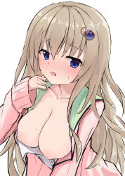 Rule 34 | 1girl, 9-nine-, absurdres, blue eyes, blush, breasts, breasts out, cardigan, cleavage, clothes pull, collarbone, embarrassed, eyes visible through hair, full-face blush, gear hair ornament, hair between eyes, hand up, highres, kujou miyako, large breasts, light brown hair, long hair, looking at viewer, nipples, no bra, open cardigan, open clothes, open mouth, pink cardigan, raised eyebrows, school uniform, shirt, shirt pull, simple background, sketch, sleeves past wrists, solo, star (symbol), sweat, takoyaki032002, very long hair, white background, white shirt, wing hair ornament