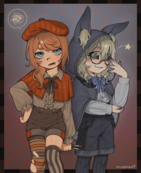 2boys androgynous animal_hood art_brush asymmetrical_legwear beret black_sclera blue_bow blue_eyes blue_shorts blush bow capelet cloak collared_shirt colored_sclera commentary double-parted_bangs edgar_valden frilled_hood frilled_sleeves frills glasses hand_on_own_elbow hat highres holding holding_brush hood identity_v ithaqua_(identity_v) long_sleeves mismatched_legwear multiple_boys opaque_glasses open_mouth orange_hair paintbrush purple_shorts rabbit_hood shirt short_twintails shorts signature smile snugglepuff28 squiggle star_(symbol) striped_clothes striped_thighhighs thighhighs torn_clothes twintails untranslatable_commentary vertical-striped_clothes vertical-striped_thighhighs white_hair white_shirt