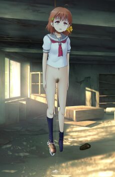 1girl after_rape after_vaginal aftersex asphyxiation bow broken_glass corpse cum cum_in_pussy cumdrip death drooling empty_eyes female_focus female_pubic_hair full_body fundarikettari glass hair_bow hanged hanging indoors love_live! love_live!_sunshine!! navel no_pants noose open_mouth panties_around_leg peeing pubic_hair pussy rope rope_around_neck saliva school_uniform serafuku shirt shoes socks solo sunlight takami_chika tears white_shirt window yellow_bow