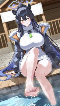 1girl animal_ear_fluff animal_ears arm_support ashiyu barefoot black_hair black_jacket blue_archive blue_hair blue_halo blush breasts building colored_inner_hair commentary day dress dutch_angle feet fur-trimmed_jacket fur_trim hair_between_eyes halo highres jacket jamgom large_breasts leg_up legs long_hair long_sleeves looking_at_viewer multicolored_hair on_floor on_ground open_clothes open_jacket outdoors parted_lips revision ribbed_sweater ripples shun_(blue_archive) shuriken_hair_ornament sleeves_past_wrists smile soaking_feet soles solo steam sweat sweater sweater_dress tassel thighs toes turtleneck turtleneck_sweater very_long_hair water wet wooden_floor