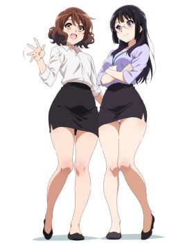 Rule 34 | 2girls, :d, bare legs, bespectacled, black hair, black skirt, breasts, brown hair, closed mouth, collared shirt, flat chest, full body, glasses, hibike! euphonium, high heels, highres, kousaka reina, lanyard, long hair, looking at viewer, medium breasts, miniskirt, multiple girls, office lady, open mouth, oumae kumiko, panties, pantyshot, pencil skirt, purple eyes, purple shirt, sbel02, shirt, shirt tucked in, short hair, simple background, skirt, smile, thighs, underwear, waving, white background, white shirt, yellow eyes
