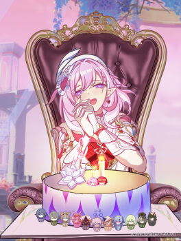 1girl absurdres aponia aponia_(mesmerizing_blue) beret birthday_cake cake chair chinese_commentary commentary_request cupcake diamond-shaped_pupils diamond_(shape) dress earrings eden_(honkai_impact) elf elysia_(hi_love_elf)_(honkai_impact) elysia_(honkai_impact) food fu_hua gloves griseo griseo_(starry_impression) hair_ornament hat heart heart_earrings heart_hair_ornament highres honkai_(series) honkai_impact_3rd jewelry kalpas_(honkai_impact) kevin_kaslana kosma long_hair looking_at_viewer miyoushe_watermark multicolored_hair on_chair pardofelis pink_hair pointy_ears purple_eyes qingxu_xiao_dai_ovo red_dress sitting smile solo su_(honkai_impact) symbol-shaped_pupils thirteen_flame-chasers_(honkai_impact) two-tone_hair very_long_hair vill-v watermark white_gloves white_hair yae_sakura