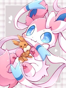 aroma_(aroma_choco) blue_eyes blush closed_mouth commentary_request eevee fang gen_1_pokemon gen_6_pokemon heart nintendo no_humans pokemon pokemon_(creature) smile solo stuffed_toy sylveon twitter_username