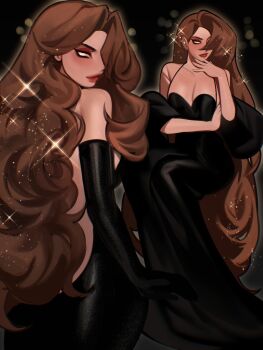 1girl backless_dress backless_outfit bare_shoulders black_dress black_eyeliner black_gloves breasts brown_hair closed_mouth dress elbow_gloves eyeliner eyeshadow gloves highres krow07 long_dress long_hair looking_back makeup medium_breasts multiple_views no_pupils red_eyeshadow red_lips spaghetti_strap sparkle sparkling_aura very_long_hair white_eyes