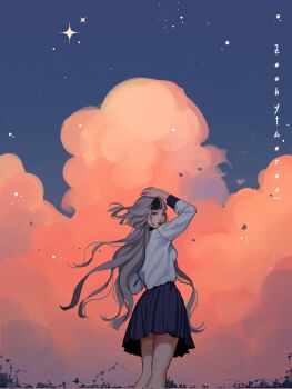 1girl arm_up artist_name asian black_streaks blue_skirt blue_trim bob_cut closed_mouth cloud cloudy_sky collared_shirt cumulonimbus_cloud evening falling_petals feet_out_of_frame floating_hair from_behind hand_on_own_head highres jellyfish_cut kira_(zeebythesea) light_particles long_hair looking_back original petals pleated_skirt red_eyes shirt single_hair_streak skirt sky standing star_(sky) thick_lips very_long_hair white_hair white_shirt wind zeebythesea