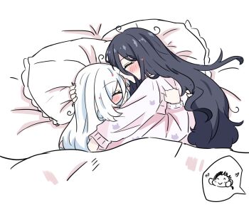 Rule 34 | 2girls, aris (blue archive), black hair, blue archive, blush, closed eyes, closed mouth, commentary request, doodle sensei (blue archive), e v e neko, head on pillow, highres, hug, kei (blue archive), kei (new body) (blue archive), long hair, long sleeves, multiple girls, no halo on purpose, pajamas, pillow, sensei (blue archive), sleeping, white hair, yuri