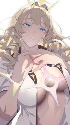Rule 34 | 1girl, blonde hair, blue eyes, breasts, crown (naked king) (nikke), crown (nikke), diadem, drill hair, fake nails, goddess of victory: nikke, grin, hair ornament, hand on own chest, headgear, ion (cation), large breasts, long hair, looking at viewer, open clothes, open shirt, shirt, smile, solo, white shirt