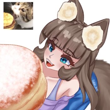 Rule 34 | 1girl, animal ear fluff, animal ears, blue eyes, blunt bangs, breasts, brown hair, cat, cat ears, cat girl, cat tail, donut, fangs, food, happy, long hair, meme, open mouth, original, reference photo, tail, takie, takie arts, very long hair, white background