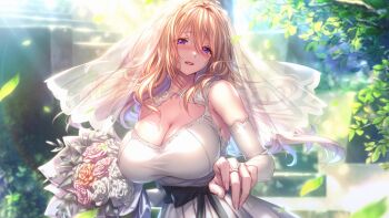 1girl amakano_2 bare_shoulders blonde_hair blush bouquet breasts bridal_gauntlets bridal_veil cleavage commentary_request dress eyes_visible_through_hair flower hair_between_eyes highres holding holding_bouquet huge_breasts long_hair looking_at_viewer official_art open_mouth outdoors piromizu purple_eyes second-party_source sleeveless sleeveless_dress smile solo standing tsutamachi_chitose veil wedding_dress white_bridal_gauntlets white_dress