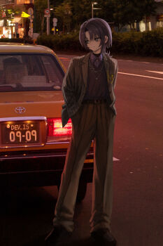 Rule 34 | 1girl, 1other, absurdres, black pants, black sweater, blue eyes, blue hair, blue shirt, bush, city, closed mouth, collared shirt, earclip, failose, grey jacket, hands in pockets, highres, hiodoshi ao, hiodoshi ao (1st costume), hololive, hololive dev is, jacket, license plate, medium hair, mole, mole under mouth, night, outdoors, pants, photo background, pinstripe jacket, pinstripe pattern, road, road sign, shirt, sign, solo focus, standing, street, suit jacket, sweater, v-neck, virtual youtuber, wolf cut