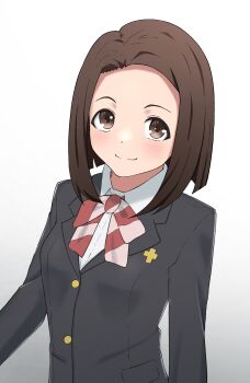 1girl akebi-chan_no_serafuku black_jacket blazer blunt_ends brown_eyes brown_hair collared_shirt gradient_background highres jacket looking_at_viewer red_ribbon ribbon roubai_academy_school_uniform_(new) shirt short_hair smile solo striped_ribbon tomonashi upper_body usagihara_touko white_background white_shirt