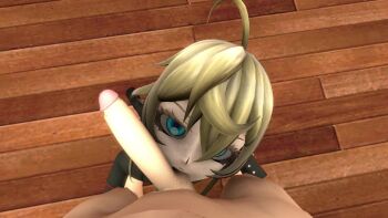 1boy 1girl 3d age_difference animated antenna_hair black_socks blazer blonde_hair bloodydrawings blue_eyes cum ejaculation expressionless eyelashes from_above full_body grey_jacket hetero jacket kneeling loli long_sleeves looking_at_viewer looking_up on_floor oral penis pov pov_crotch short_hair socks solo_focus sound tagme tanya_degurechaff testicle_sucking testicles uncensored video wooden_floor youjo_senki