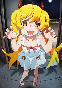 1girl bare_shoulders blonde_hair blush blush_stickers bow breasts demon_horns doorway dress fang full_body full_moon gesugesu_ahoaho highres horns long_hair looking_at_viewer monogatari_(series) moon night night_sky open_door open_mouth opening_door oshino_shinobu pink_bow pointy_ears pov_doorway skin_fang sky sleeveless sleeveless_dress small_breasts smile solo twintails white_dress yellow_eyes