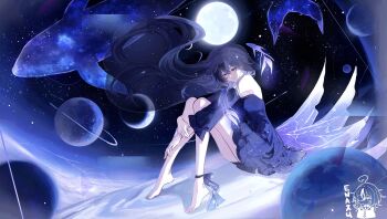1girl absurdres bare_shoulders barefoot black_dress black_hair black_sleeves black_veil blue_eyes commentary crescent detached_sleeves dress english_commentary fish floating_hair full_moon highres indie_virtual_youtuber long_hair long_sleeves moon off-shoulder_dress off_shoulder planet see-through_clothes see-through_veil seol_(teacuppity)_(vtuber) sitting solo space szumoon veil virtual_youtuber