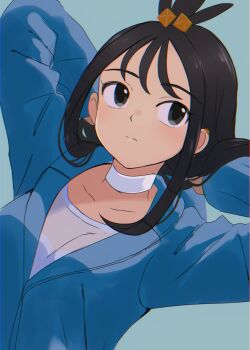 1girl absurdres arms_behind_back black_hair blue_background blue_hoodie choker chromatic_aberration closed_mouth collarbone commentary_request cube_hair_ornament hair_ornament highres hood hood_down hoodie lelie_(lelie_link) lida_(pokemon) long_hair looking_to_the_side nintendo pokemon pokemon_legends:_z-a shirt solo split_mouth topknot upper_body white_choker