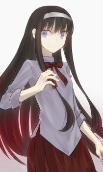 1girl black_hair blue_eyes breasts commentary_request gradient_hair hairband long_hair long_skirt long_sleeves looking_at_viewer multicolored_hair neck_ribbon red_skirt ribbon shirt sidelocks skirt small_breasts smile solo tohno_akiha tsukihime white_shirt yubeshi_(zecxl)