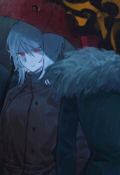 1girl 1other alternate_eye_color black_jacket clock closed_mouth dante_(limbus_company) faust_(project_moon) flaming_hand fur-trimmed_jacket fur_trim highres holding holding_umbrella ivy_(675671) jacket light_smile limbus_company long_sleeves looking_at_another project_moon rain short_hair umbrella upper_body white_hair