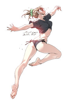 1girl absurdres ass barefoot black_panties breasts brown_eyes brown_hair exercising full_body highres jumping legs nabipenciller open_mouth original panties ponytail shirt side-tie_panties small_breasts soles solo sweat tied_shirt toes underwear