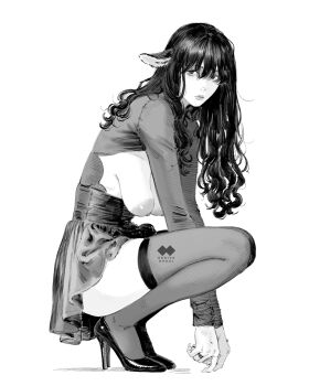 1girl animal_ears arms_between_legs artist_logo artist_name bags_under_eyes breasts closed_mouth cow_ears fingernails from_side full_body godiva_ghoul greyscale hair_over_shoulder hanging_breasts hatching_(texture) high-waist_skirt high_heels highres jewelry large_areolae legs_folded lips logo long_bangs long_fingernails long_hair long_sleeves looking_at_viewer looking_to_the_side monochrome nipples no_bra nose original ring sagging_breasts sharp_fingernails simple_background skirt slouching solo squatting stiletto_heels thighhighs v_arms wavy_ends white_background