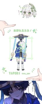 Rule 34 | 1boy, 1girl, asymmetrical sidelocks, black bodysuit, black hair, black sandals, black shorts, blue cape, blue eyes, blue hat, blunt ends, blush, bodysuit, bright pupils, cape, chibi, choppy bangs, colored tips, commentary request, covered collarbone, cross-shaped pupils, eyelashes, eyeliner, facing away, finger frame, furisode, genshin impact, gold, green eyes, green hair, hair between eyes, hair ornament, half crown braid, hat, head tilt, heart, heart hair ornament, highres, japanese clothes, jingasa, kimono, leaf, leaf hair ornament, leg warmers, long hair, looking at viewer, makeup, mandarin collar, mind reading, multicolored hair, nahida (genshin impact), open mouth, pointy ears, red eyeliner, ruta hp04, sandals, scaramouche (genshin impact), shorts, shoulder peek, side ponytail, sidelocks, speech bubble, stirrup legwear, streaked hair, symbol-shaped pupils, toeless legwear, translation request, tsurime, twitter username, wanderer (genshin impact), white hair, white kimono, white leg warmers, white pupils, zouri