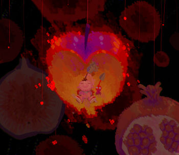 Rule 34 | 1boy, apple, big nose, black background, black eyes, brown hair, closed eyes, colored skin, crying, food, fruit, fruit background, gloves, highres, leaf, male focus, nintendo, no mouth, olimar, olimin, on grass, parted lips, pikmin (creature), pikmin (series), pointy ears, pointy nose, pomegranate, red gloves, red pikmin, red skin, sad, short hair, sitting, spacesuit, symbolism, teardrop, very short hair, yu pikmin