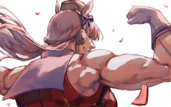 1girl alternate_muscle_size animal_ears back back_focus back_muscles biceps blunt_bangs bow breasts brown_hat commentary_request ear_bow ear_covers ear_ornament ear_ribbon flexing from_behind gloves gold_ship_(red_strife)_(umamusume) gold_ship_(umamusume) hat horse_ears horse_girl izuma_(izumamill) jacket long_hair looking_back muscular muscular_female pillbox_hat purple_bow red_jacket shoulder_blades single_ear_cover sleeveless sleeveless_jacket smile solo tall_female triceps umamusume white_gloves white_hair