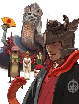 1girl 3boys black_haori cape character_request chinese_zodiac commentary elden_ring english_commentary folding_fan green_cape hand_fan haori hat helmet highres holding holding_fan japanese_clothes kadomatsu kimono messmer_the_impaler multiple_boys narisokonai obi one_eye_closed own_hands_clasped own_hands_together red_kimono reptile_girl rykard_lord_of_blasphemy sash snake white_kimono year_of_the_snake yellow_hat zorayas