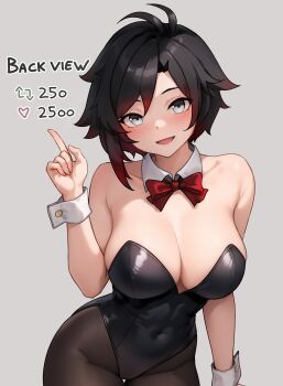 1girl absurdres alternate_breast_size_(larger) bare_shoulders black_hair black_leotard black_pantyhose bluefield blush bow bowtie breasts playboy_bunny cleavage covered_navel detached_collar english_text gradient_hair grey_background grey_eyes hand_up highleg highleg_leotard highres index_finger_raised large_breasts leaning_forward leotard like_and_retweet looking_at_viewer multicolored_hair open_mouth pantyhose playboy_bunny pointing red_bow red_bowtie red_hair ruby_rose rwby short_hair simple_background smile solo strapless strapless_leotard thigh_gap white_wrist_cuffs wrist_cuffs