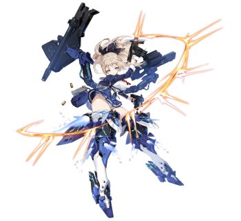 Rule 34 | 1girl, armored boots, blue eyes, boots, firing, full body, gun, hair ribbon, high ponytail, highres, holding, holding gun, holding weapon, jacket, kaze (starward), light brown hair, long sleeves, looking at viewer, machine gun, mechanical arms, panties, pantyshot, ponytail, ribbon, school uniform, shell casing, shirt, skirt, smile, starward, submachine gun, thighhighs, thrusters, underwear, weapon, white panties, white shirt, zhu fun