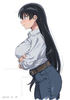 Rule 34 | 1girl, arato nagi, arms under breasts, belt, blue eyes, blue pants, blush, breasts, closed mouth, collared shirt, cowboy shot, dated, denim, earrings, from side, hashtag-only commentary, highres, jeans, jewelry, large breasts, long hair, pants, profile, ruri no houseki, shirt, simple background, sleeves rolled up, solo, takatisakana, white background, white shirt