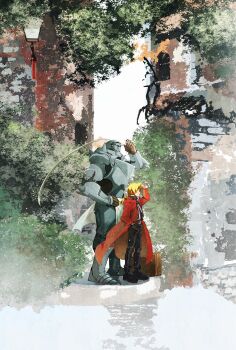 Rule 34 | 2boys, absurdres, alphonse elric, apron, armor, black boots, black jacket, black pantyhose, blonde hair, boots, braid, brick wall, brothers, coat, commentary, edward elric, english commentary, full armor, fullmetal alchemist, gloves, hand on own hip, highres, jacket, lantern, long coat, male focus, multiple boys, pantyhose, parted bangs, plate armor, plume, red coat, shading eyes, shoulder spikes, siblings, single braid, spikes, standing, waist apron, white gloves, youritai