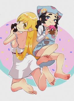 2girls absurdres ansha_(pokemon) apron barefoot belt black_hair blonde_hair blue_eyes blush_stickers brown_belt closed_mouth commentary_request crossover donut dress eyelashes feet food hands_up highres holding holding_donut holding_food long_hair looking_at_viewer looking_back monogatari_(series) multiple_girls nintendo oshino_shinobu pointy_ears pokemon pokemon_legends:_z-a robata_kuri smile soles split_mouth toes white_dress yellow_eyes