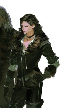 1boy 1girl absurdres black_choker black_eyes black_gloves black_hair black_jacket black_pants boots choker cowboy_shot fur-trimmed_jacket fur_trim geralt_of_rivia gloves hand_on_own_hip heyheee highres jacket medium_hair out_of_frame pants simple_background solo_focus standing the_witcher_(series) thigh_boots white_background yennefer_of_vengerberg