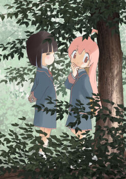 2girls absurdres ahoge arms_behind_back averting_eyes black_jacket black_skirt blue_hair blunt_bangs brown_eyes brown_hair closed_eyes commentary day from_side full_body highres hozuki_momiji implied_after_kiss jacket katorein long_hair long_sleeves multicolored_hair multiple_girls neck_ribbon onii-chan_wa_oshimai! outdoors oyama_mahiro pink_hair red_ribbon ribbon school_uniform short_hair skirt tree two-tone_hair very_long_hair yotsuba_university_affiliated_junior_high_school_uniform yuri