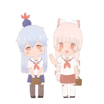 Rule 34 | 2girls, absurdres, alternate costume, bare arms, black shoes, blue hair, blue hat, blue skirt, bow, bow legwear, briefcase, chibi, chinese commentary, closed mouth, commentary request, fujiwara no mokou, grey thighhighs, hair between eyes, hair bow, happy, hat, head tilt, highres, holding, holding briefcase, kamishirasawa keine, long hair, mary janes, miaoliang01075, mini hat, miniskirt, multi-tied hair, multiple girls, multiple hair bows, neckerchief, open mouth, pleated skirt, red bow, red eyes, red neckerchief, red skirt, ribbon-trimmed bow, ribbon trim, sailor collar, school uniform, serafuku, shirt, shoes, short sleeves, simple background, skirt, smile, standing, tareme, thighhighs, touhou, very long hair, waving, white background, white bow, white hair, white sailor collar, white shirt, white thighhighs, zettai ryouiki