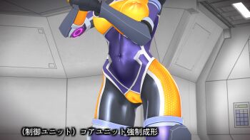 1girl 3d agent_mirai blender_(medium) bodysuit breasts cameltoe covered_erect_nipples covered_navel head_out_of_frame hexagon_print highres impossible_bodysuit impossible_clothes latex medium_breasts mirai_(agent_mirai) multicolored_bodysuit orange_bodysuit purple_bodysuit skin_tight solo subtitled umaaji_lady_mk2 yellow_bodysuit